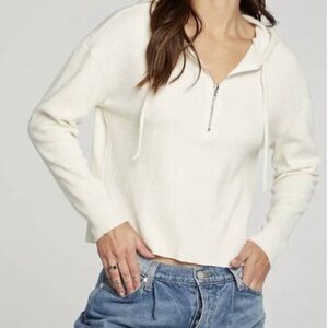 Chaser Cream Waffle Knit Semi Cropped Half Zip Front Hoodie Size Small